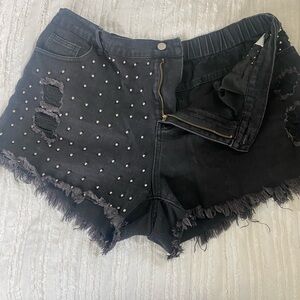 SHEIN Black Distressed Jean Shorts with Pearl Details